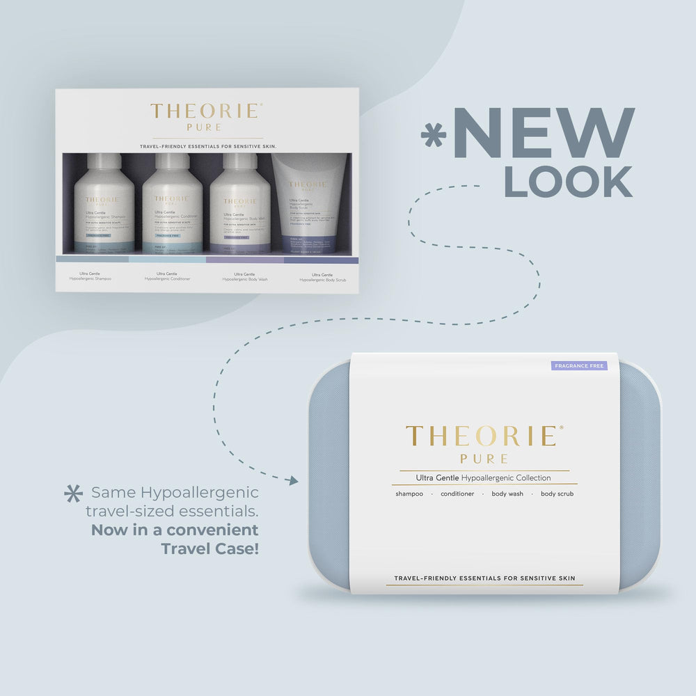 Theorie Pure botanical-infused skin health imagery features argan, marula oils for radiance.