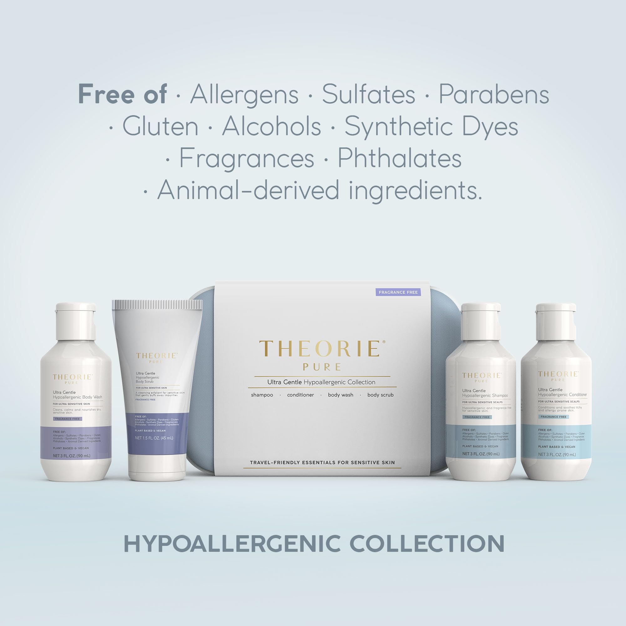 Theorie Pure travel conditioner bottle showing hydrating formula for dry, nourished hair.