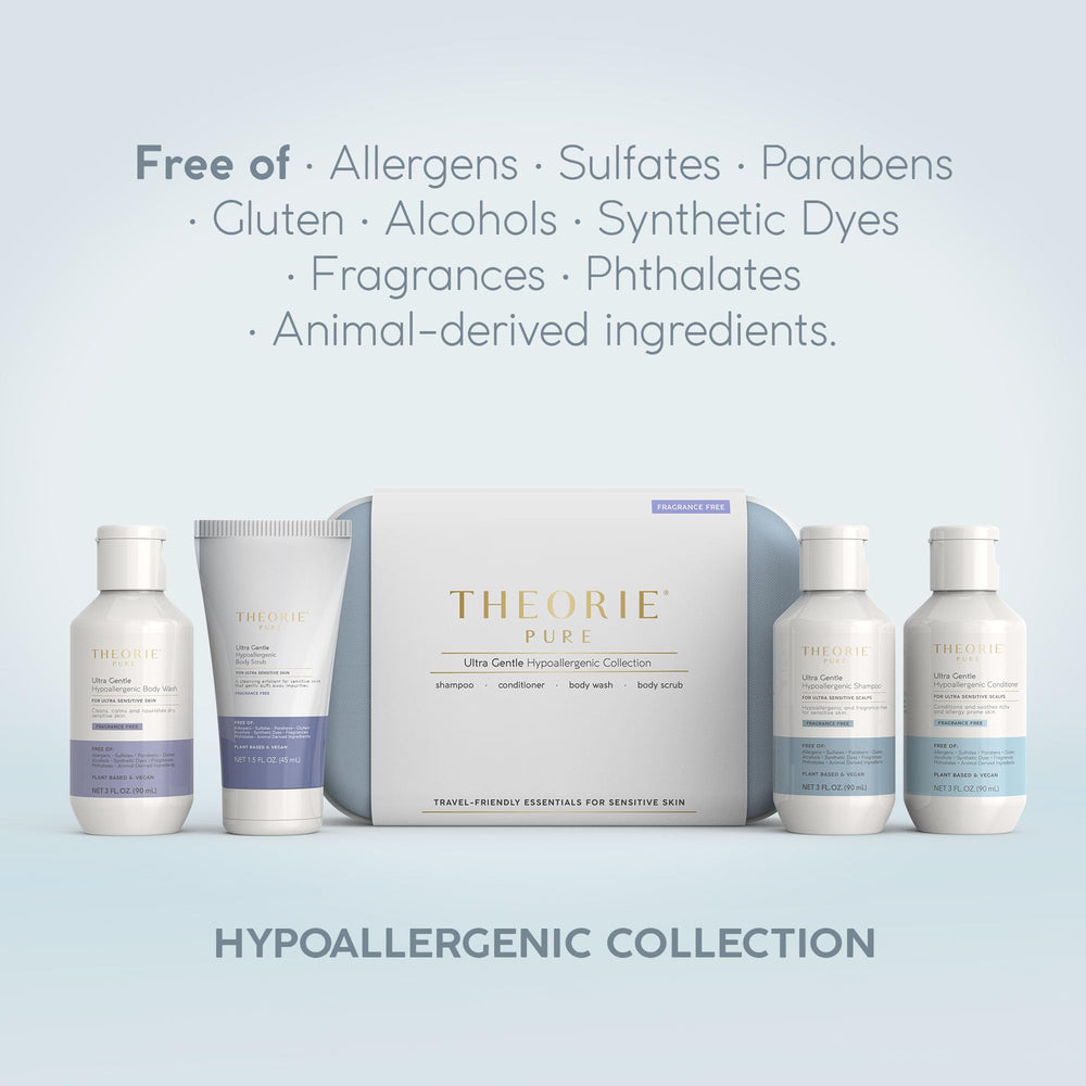 Theorie Pure travel conditioner bottle showing hydrating formula for dry, nourished hair.