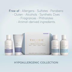 Theorie Pure travel conditioner bottle showing hydrating formula for dry, nourished hair.