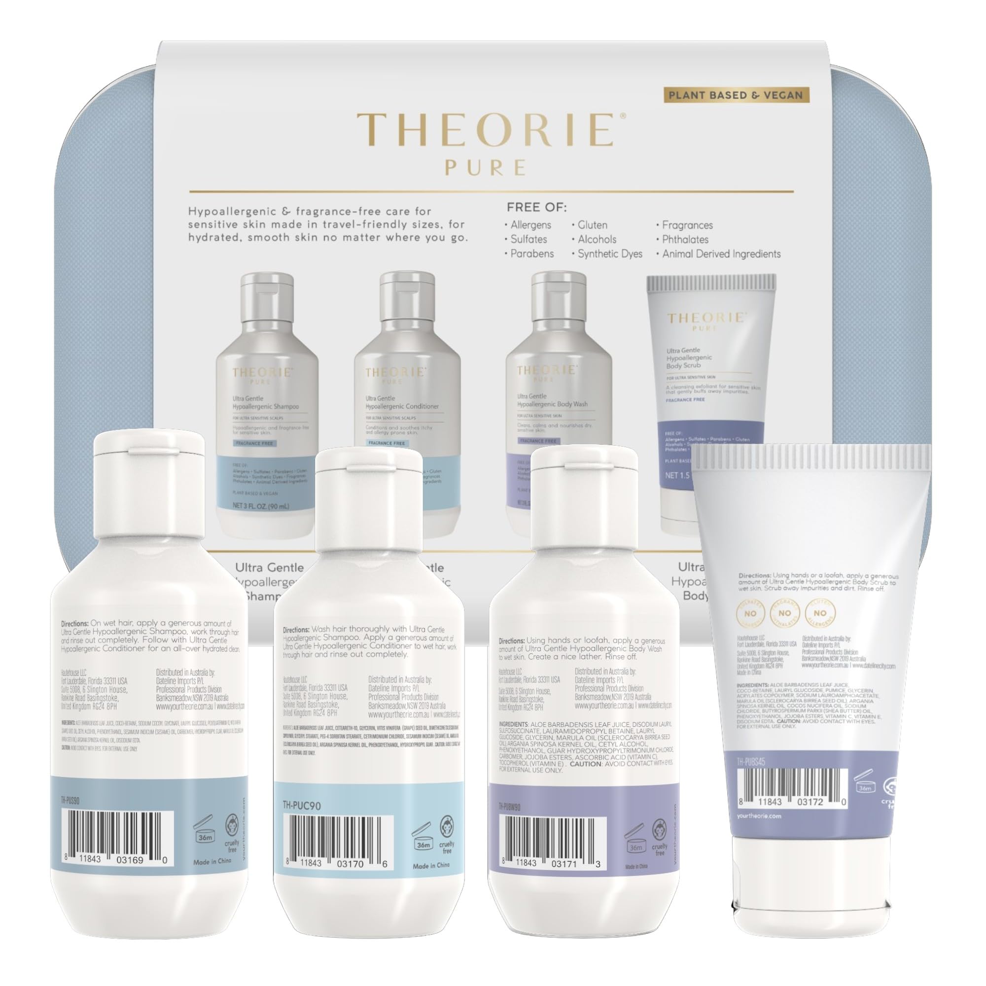 Theorie Pure travel kit packaging showcases fragrance-free clean beauty on the go.