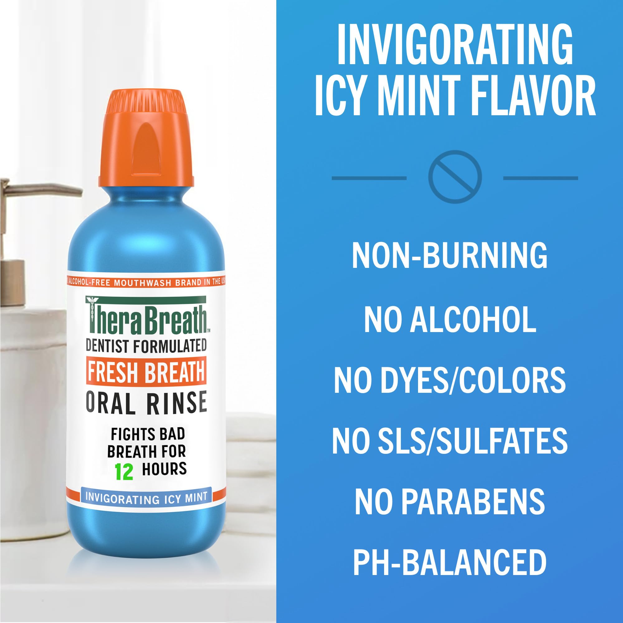 TheraBreath icy mint usage after brushing demonstrates comfortable non-burning rinse