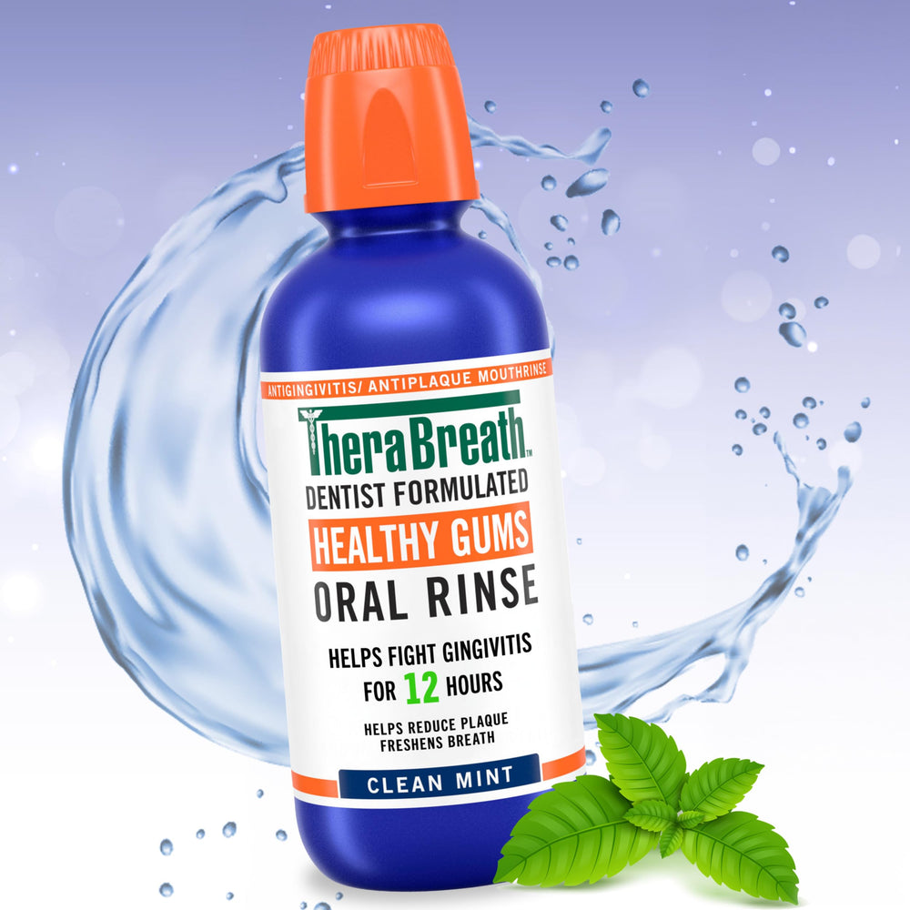 TheraBreath on bathroom counter beside toothbrush for routine use