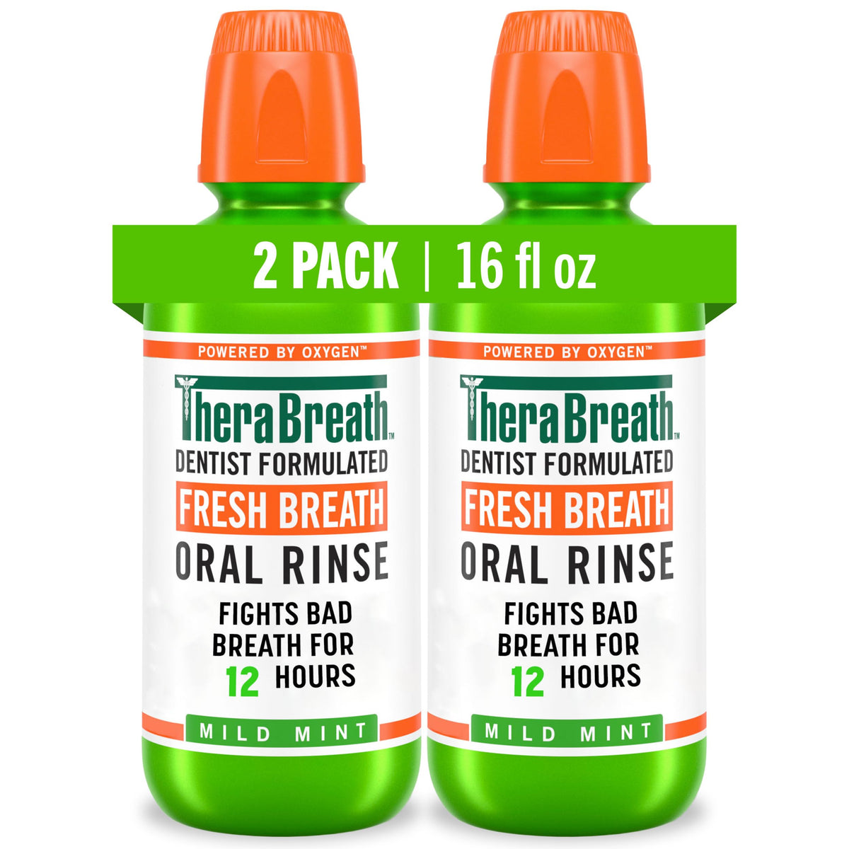 TheraBreath front packaging showing 16 fl oz bottle and mild mint freshness
