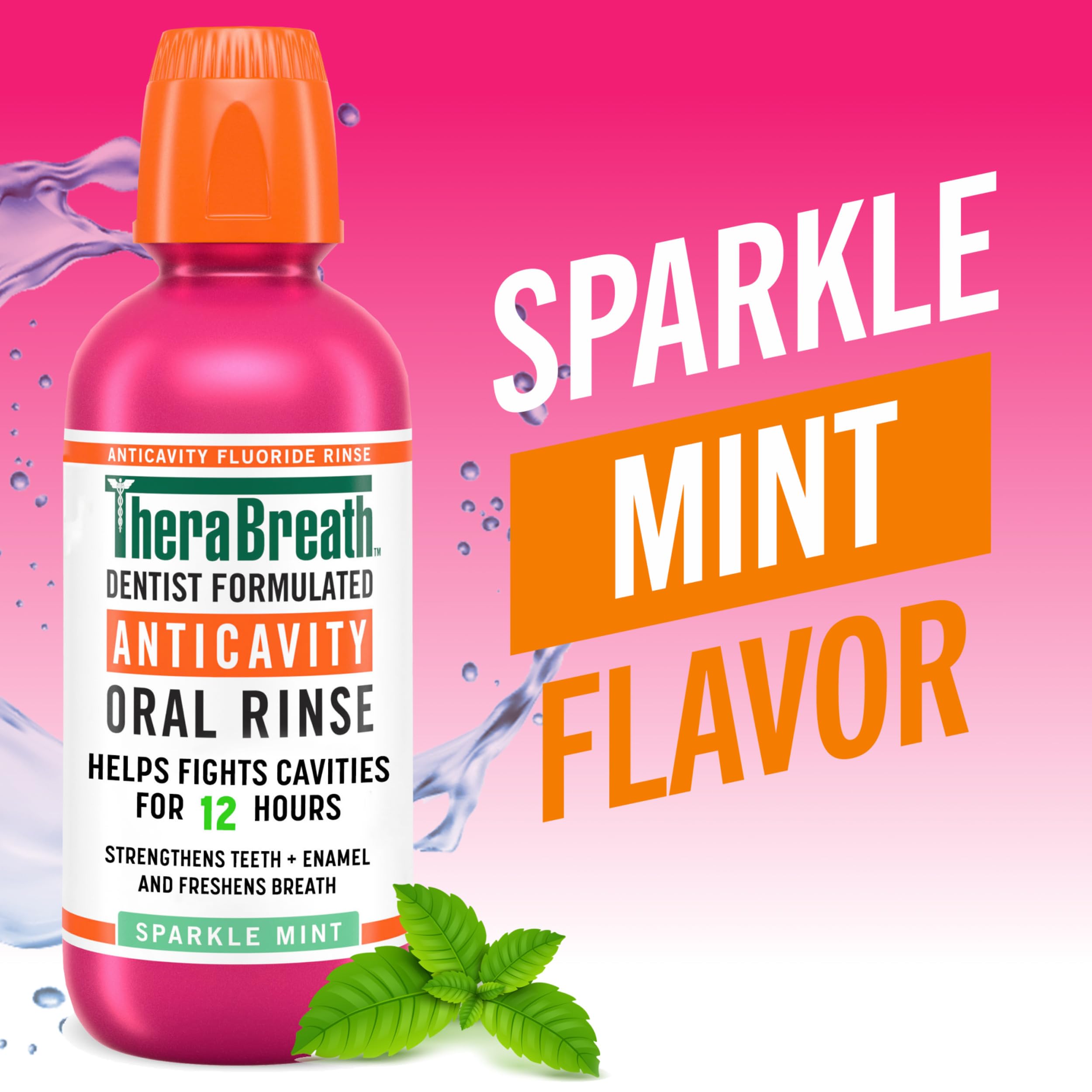 TheraBreath label close-up highlighting Sparkle Mint and fluoride benefits