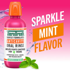 TheraBreath label close-up highlighting Sparkle Mint and fluoride benefits
