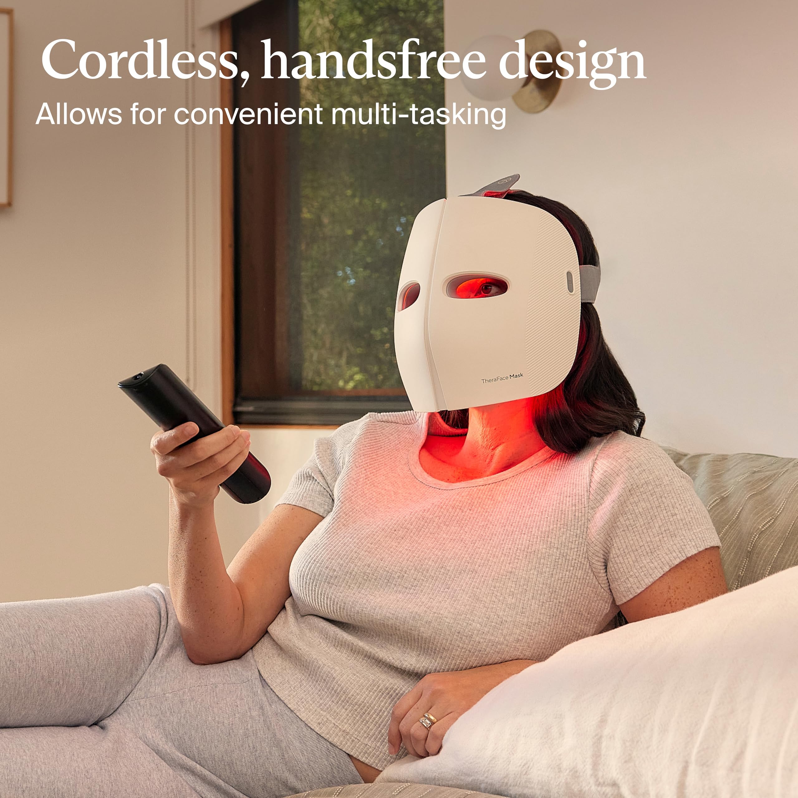 TheraFace Mask vibrating therapy at pressure points suggests stress relief and a refreshed look.