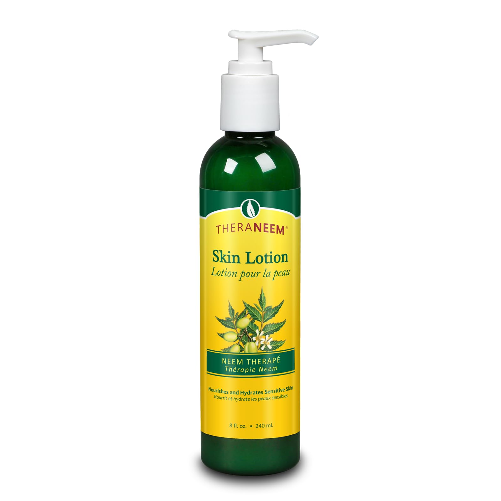 TheraNeem front bottle of neem soothing skin lotion showing label and size benefits