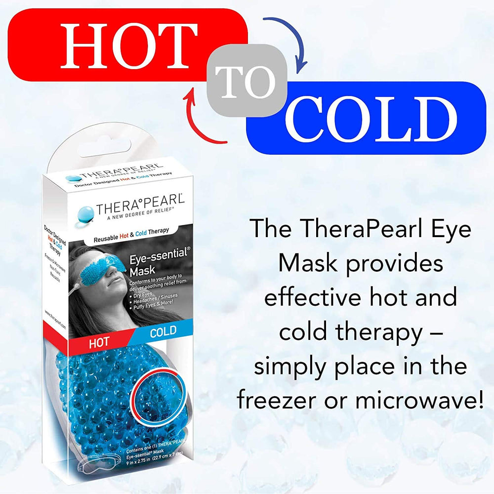 TheraPearl Eye Mask size 9 x 2.75 inches highlights comfortable fit and reusable design