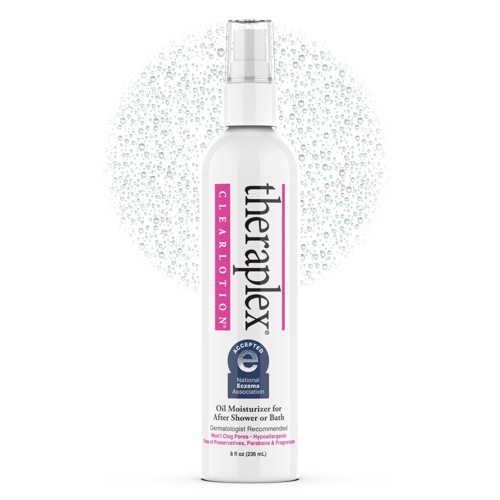 Theraplex Clear Lotion Spray bottle on sink for post-shower moisture.