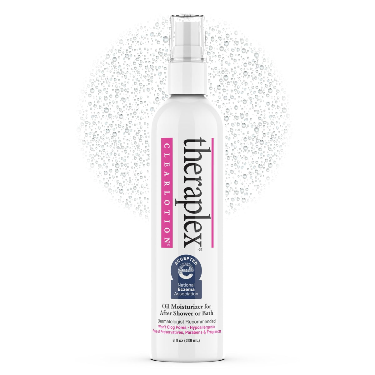 Theraplex Clear Lotion Spray bottle on sink for post-shower moisture.