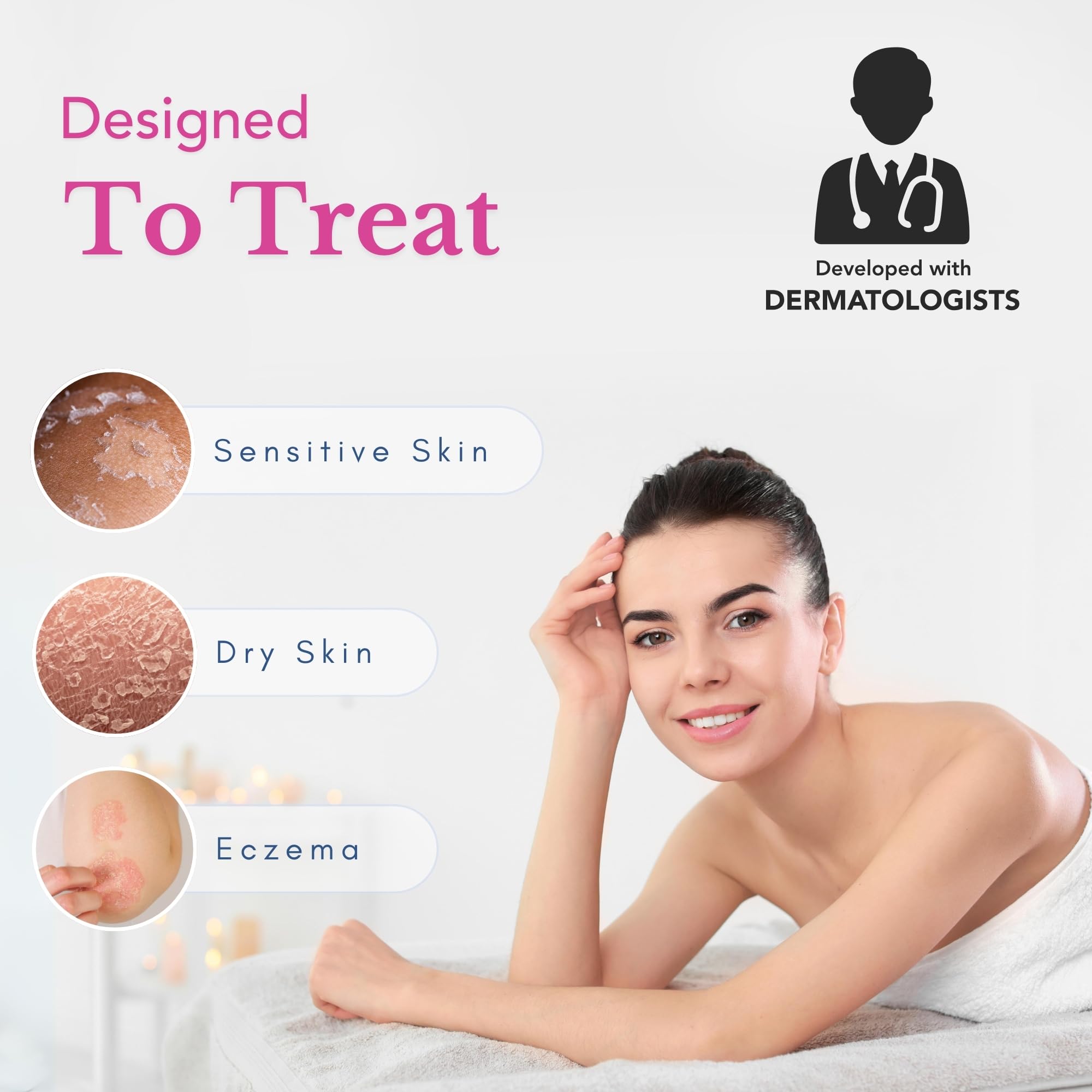 Theraplex Clear Lotion Spray hands applying to damp skin for moisturization.