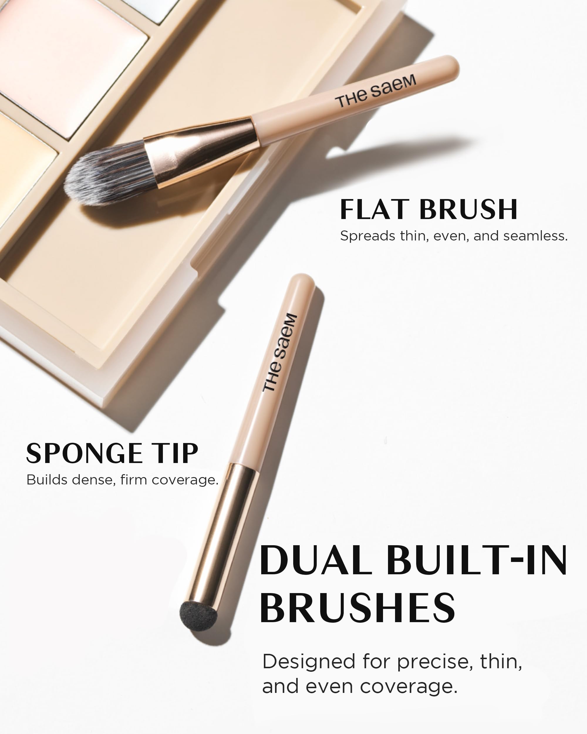 THESAEM Cover Perfection Palette dual brushes enable precise professional application.