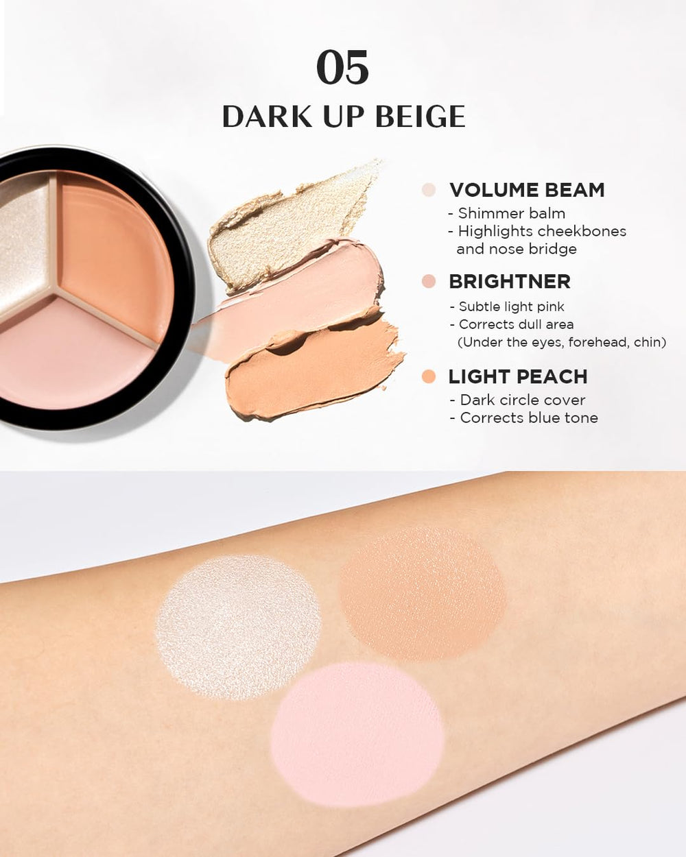 THESAEM Cover Perfection Triple Pot Concealer Light Peach swatch shows bluish tone correction for natural look.