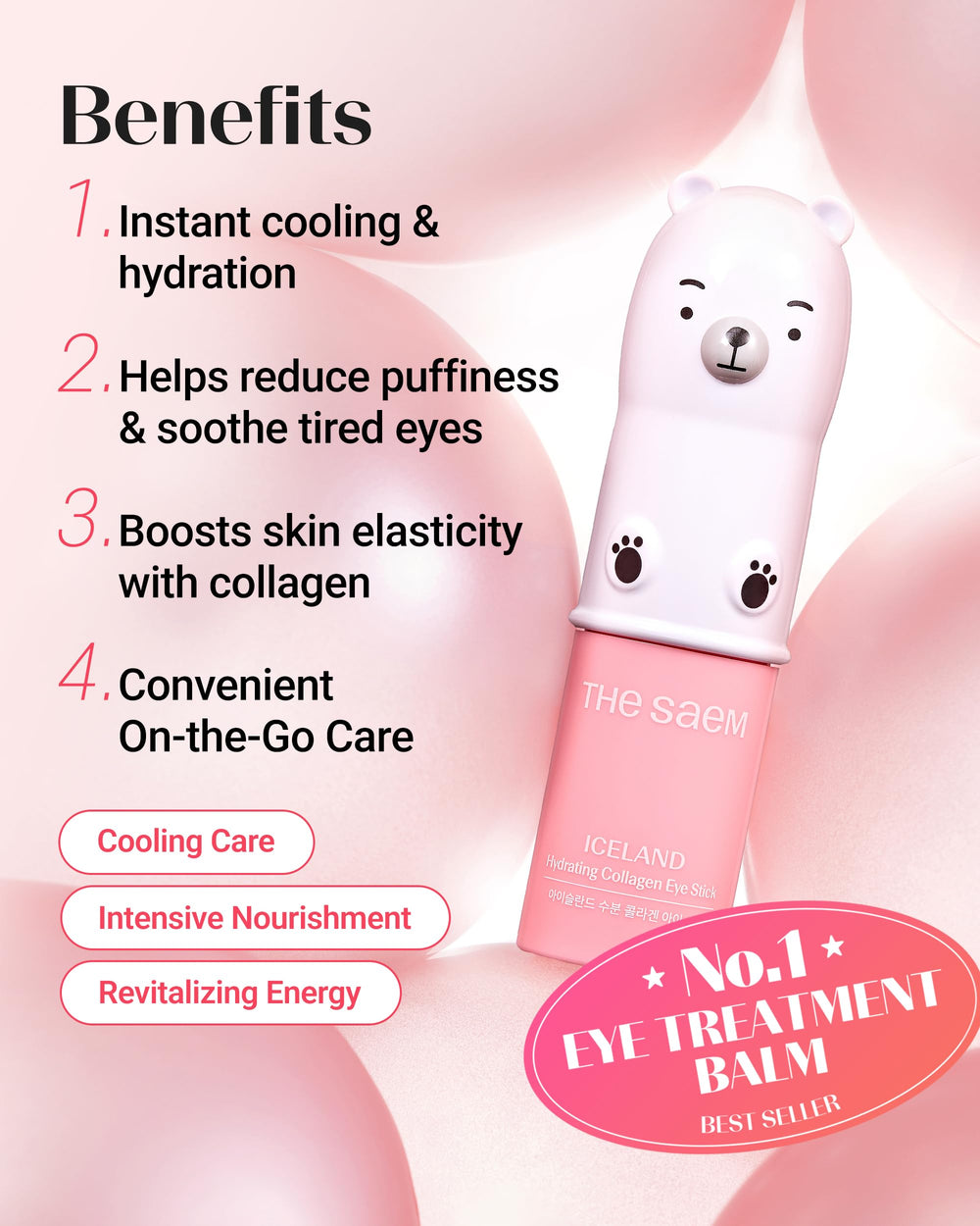 THESAEM Iceland Hydrating Eye Stick six-type collagen design supports elasticity for smoother under-eye skin.
