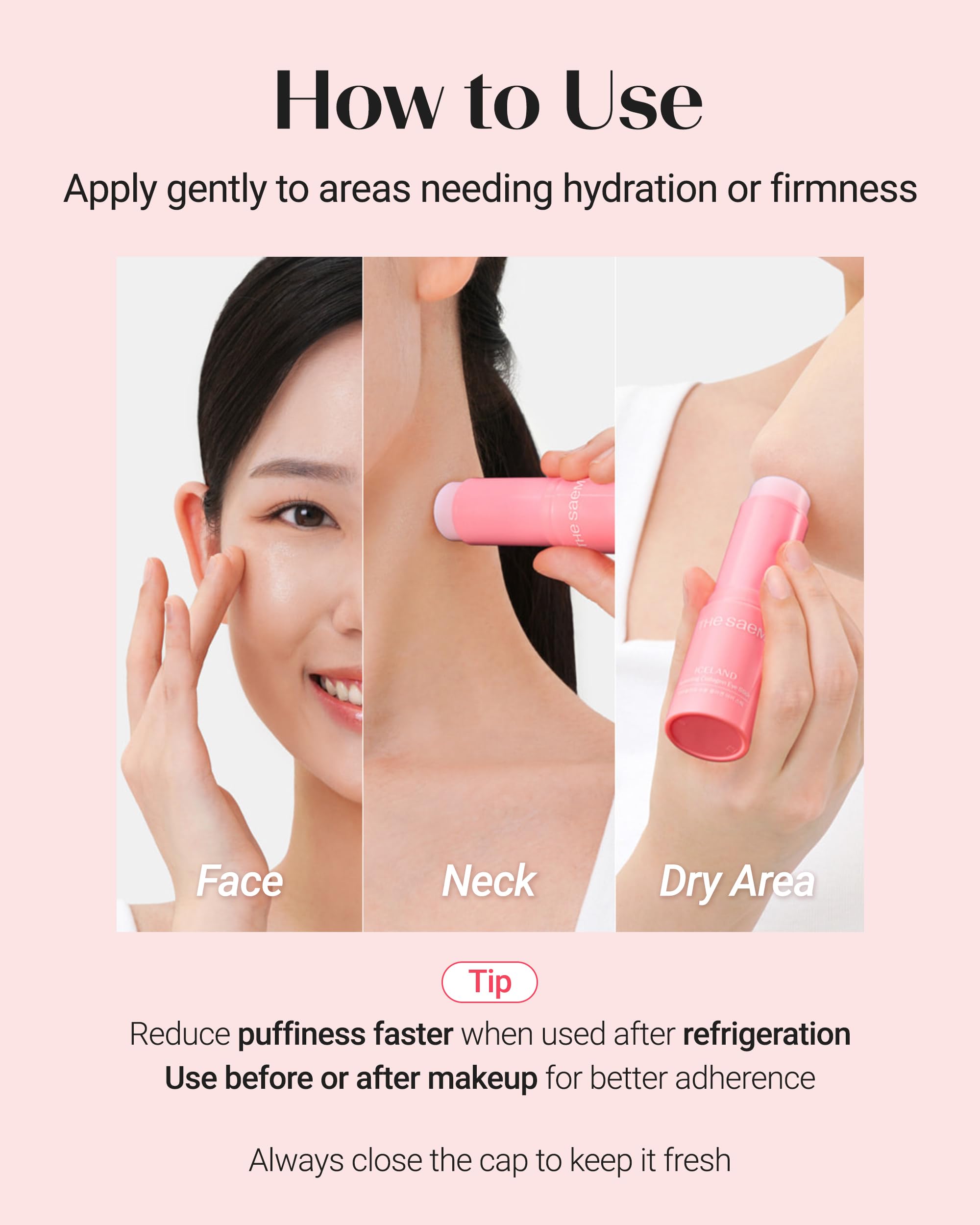 THESAEM Iceland Hydrating Eye Stick under-eye application reduces visibility of puffiness and fine lines.