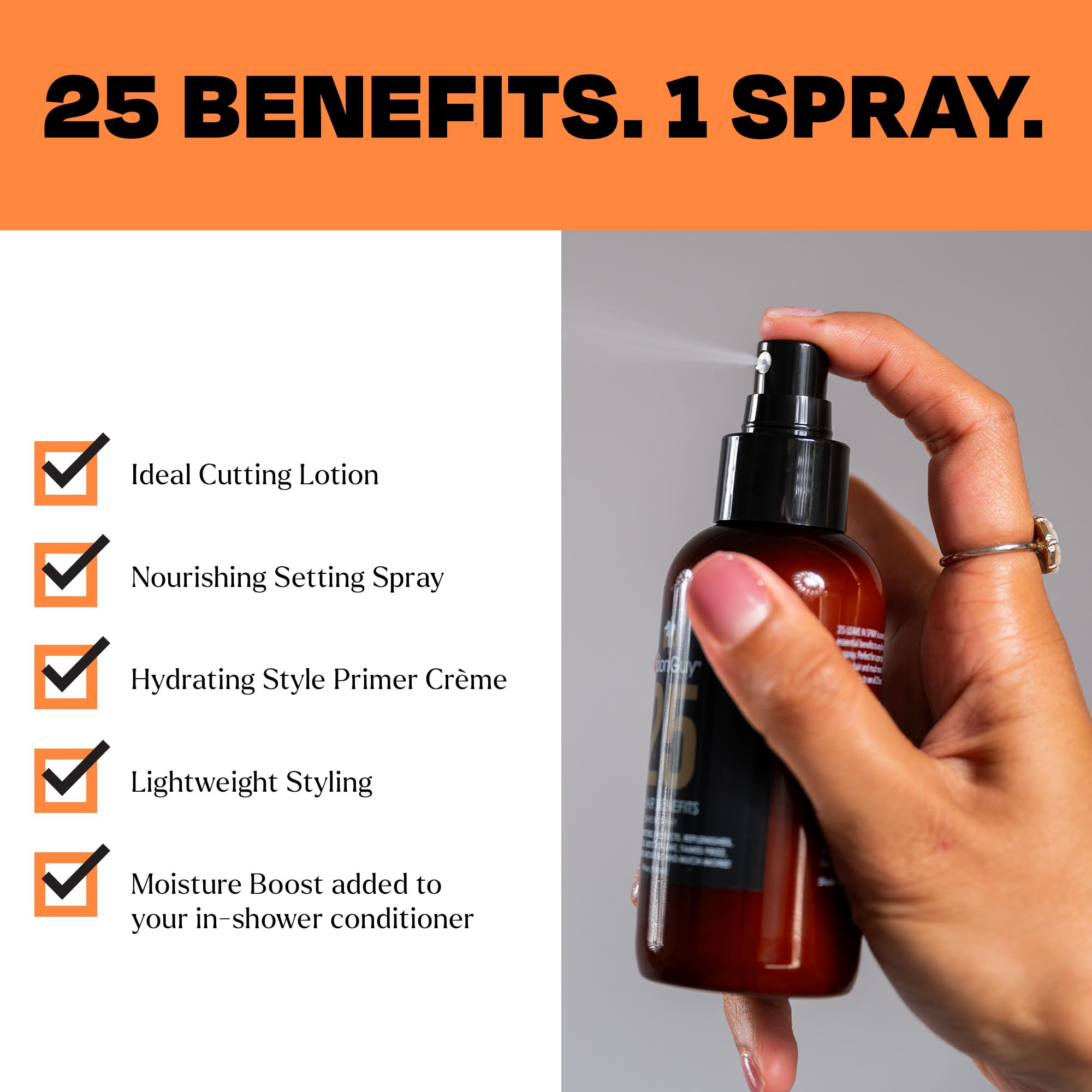 TheSalonGuy 25 Spray mist-on-hair demonstrates precise application and frizz control.