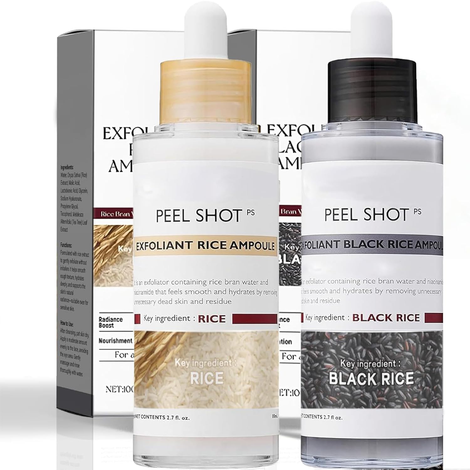 THESHYING Rice Peel Shot Glow ampoule duo bottle-front showcases pore-minimizing skincare