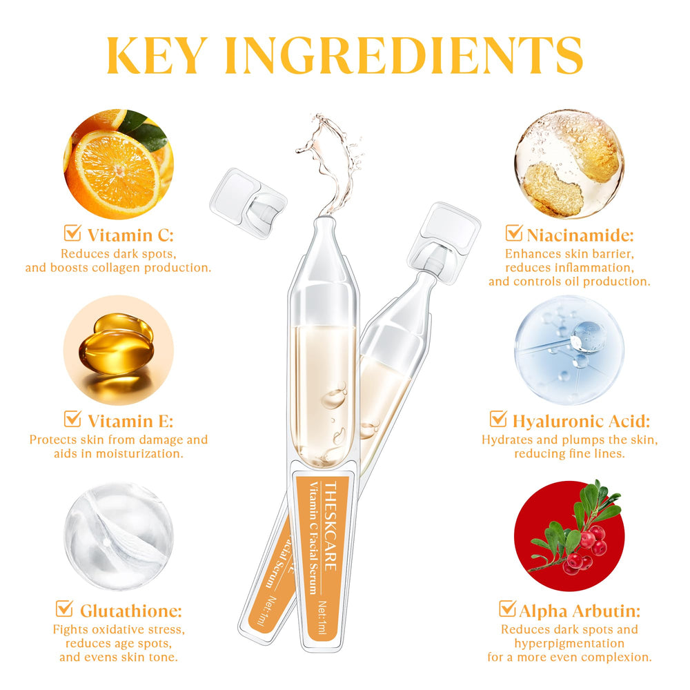 THESKCARE Vitamin C Serum ampoule on a nighttime vanity for radiant skin tone