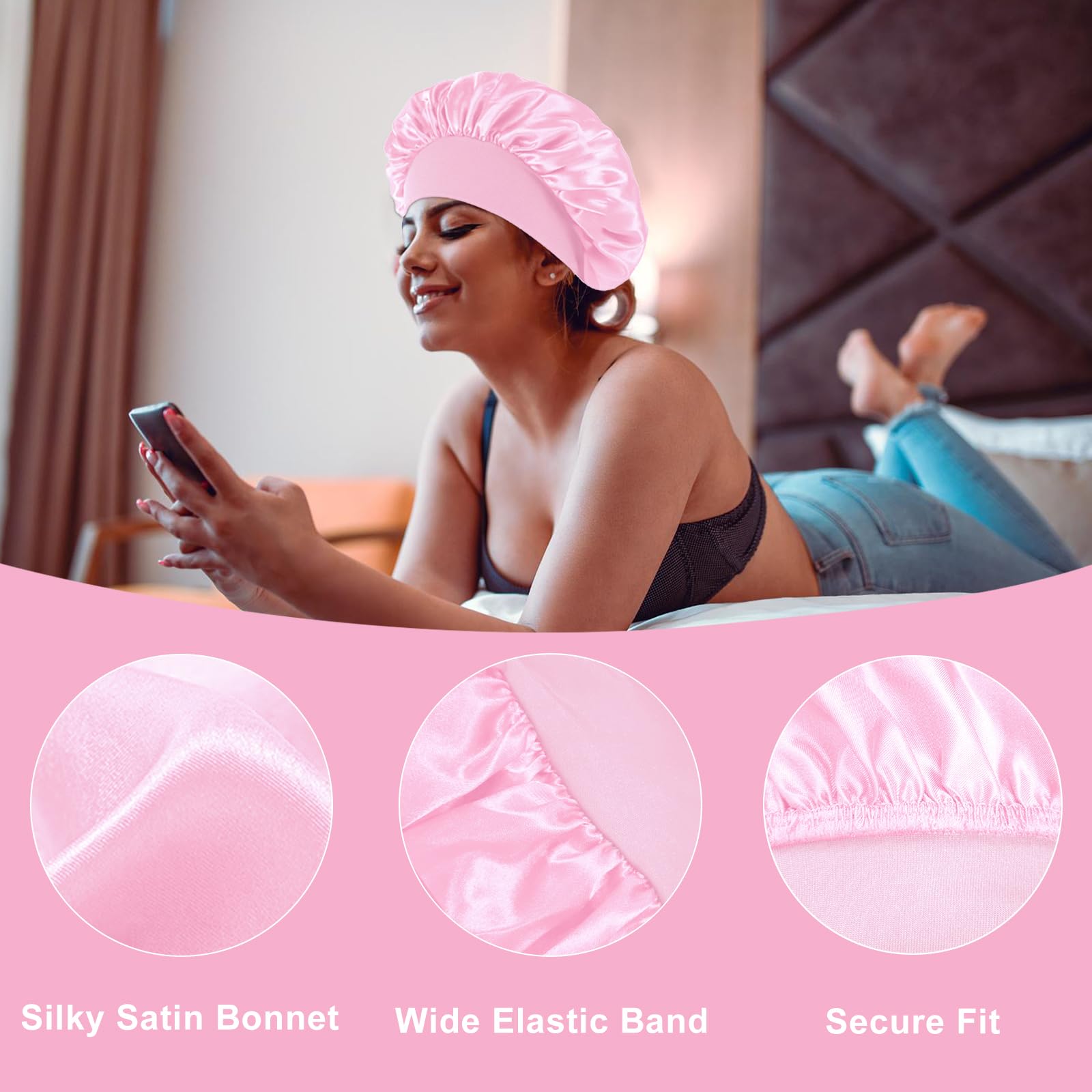 Theyakmer silk bonnet purple-model illustrates versatile use during yoga or rest.
