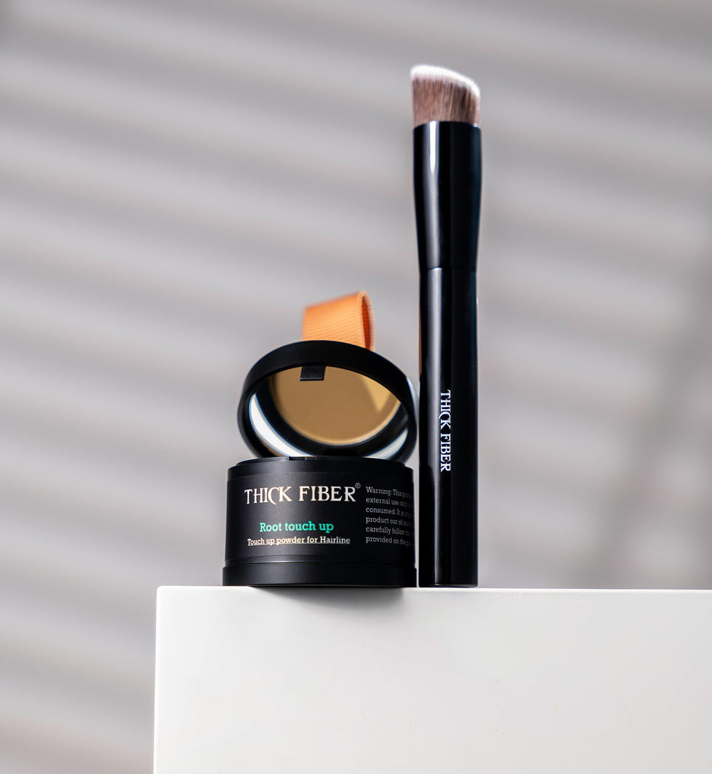 Thick Fiber blonde root concealer blends with light hair for refreshed look