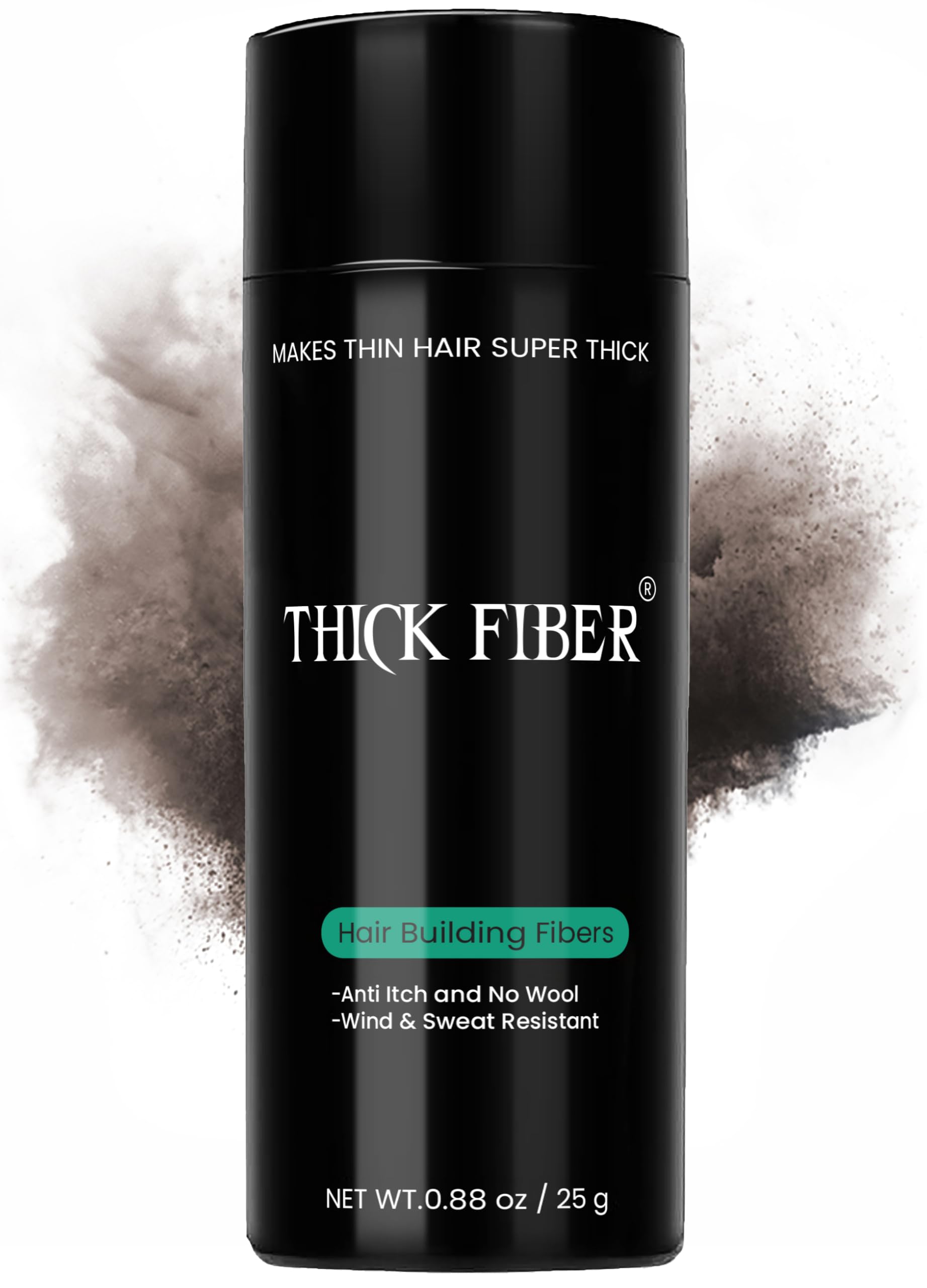 THICK FIBER bottle closeup in dark brown shade for natural color match.