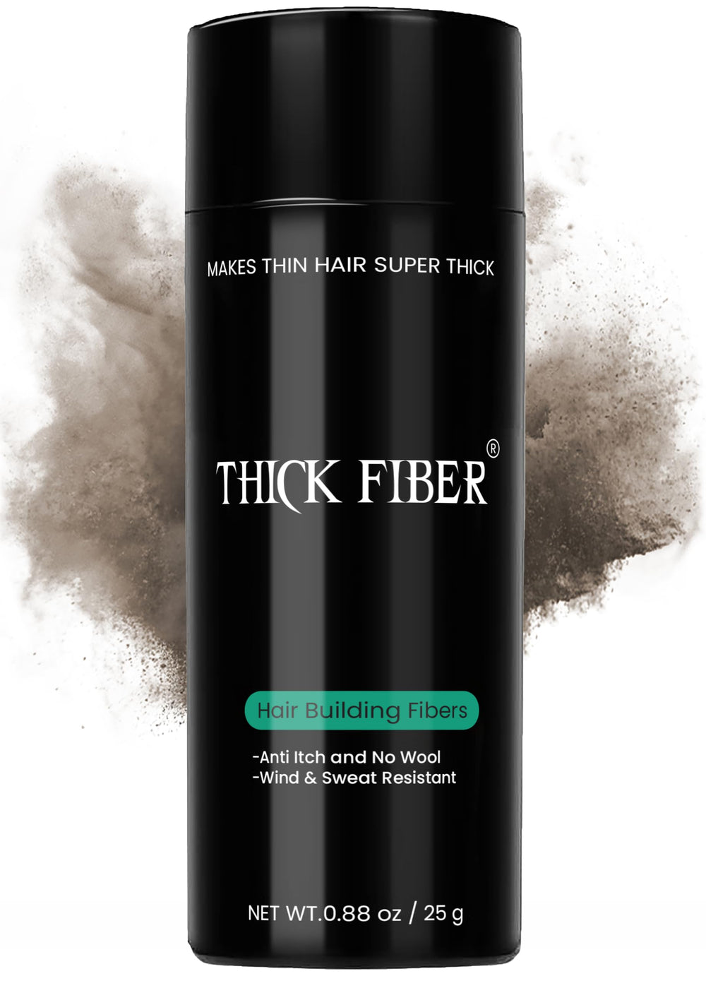 Thick Fiber bottle front illustrates a compact 25g kit for thinning hair concealment.