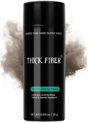 Thick Fiber bottle front illustrates a compact 25g kit for thinning hair concealment.