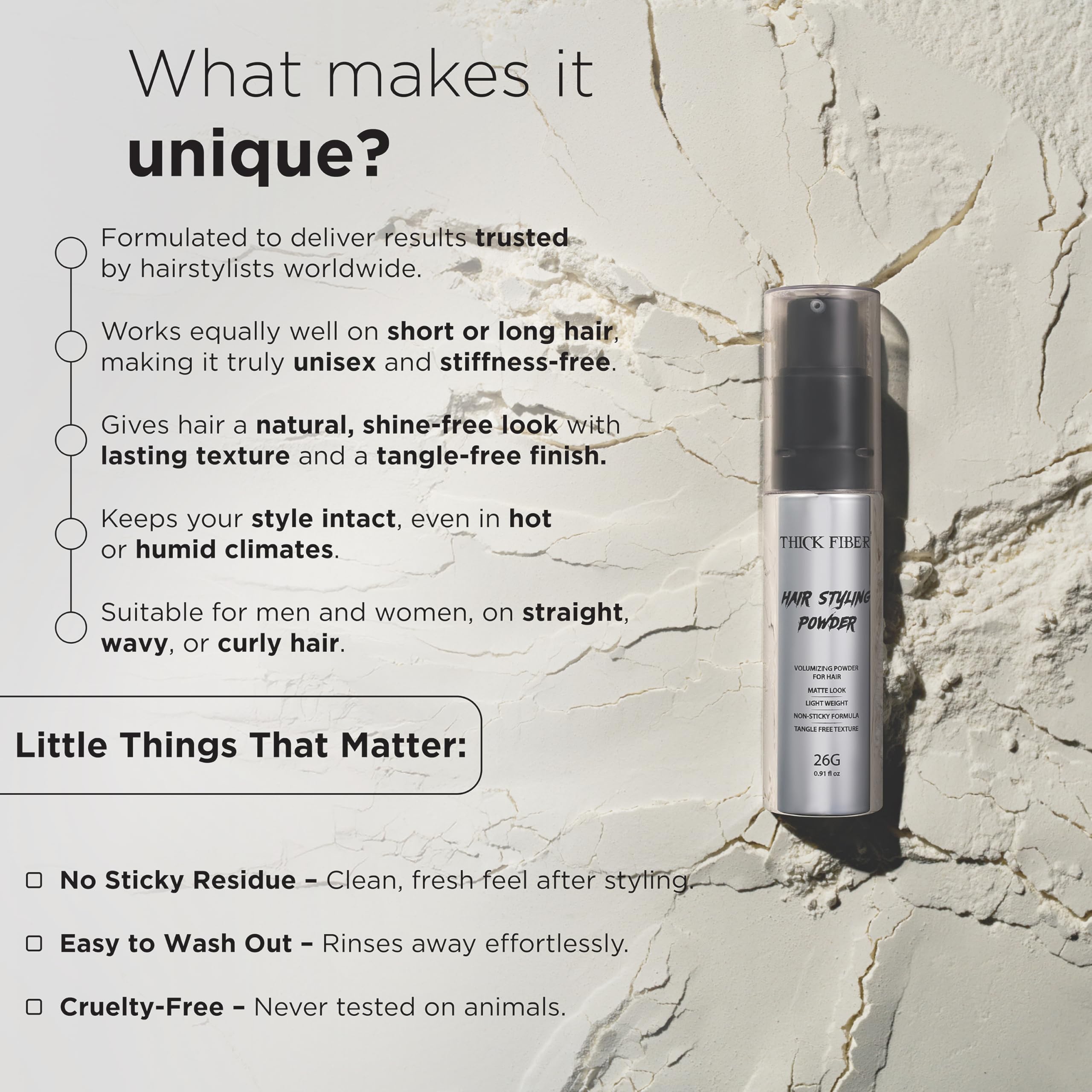 Thick Fiber clay texture application highlights enhanced texture for fuller hair.