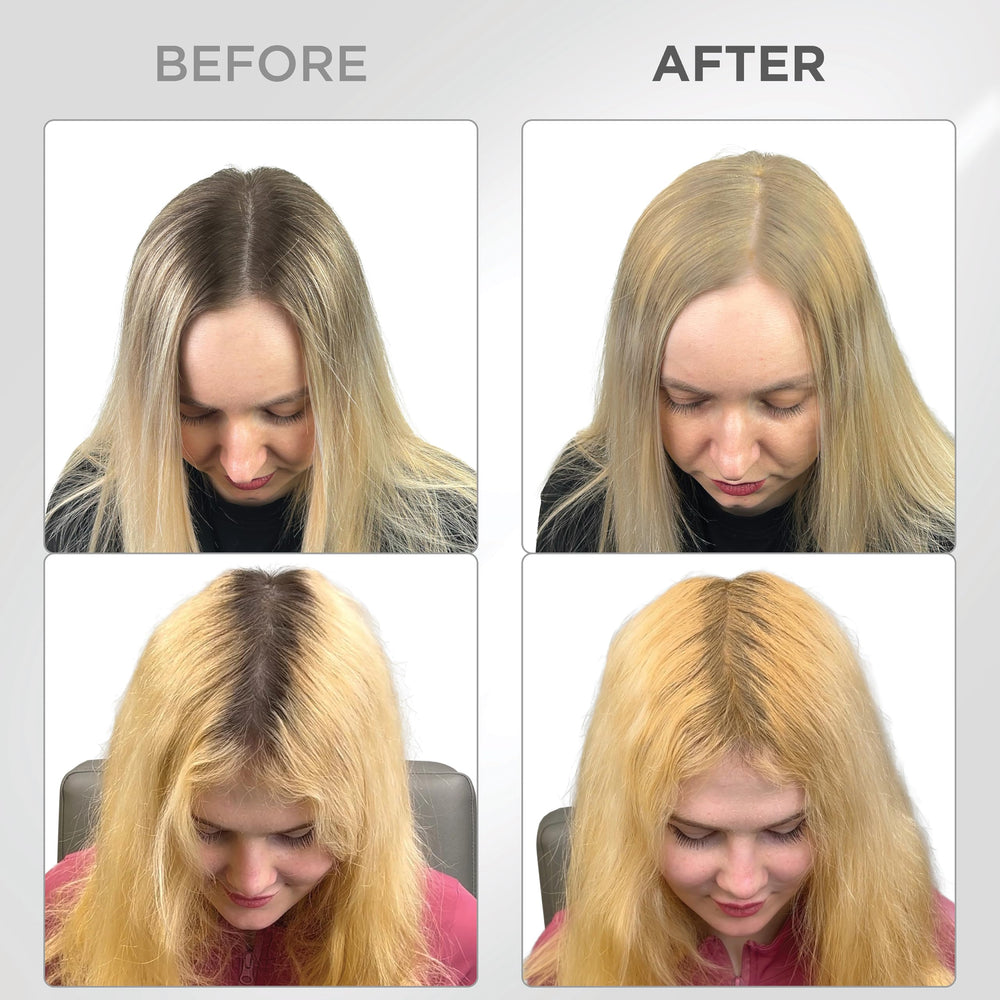 Thick Fiber root touch up powder application setup enables easy home touch-ups