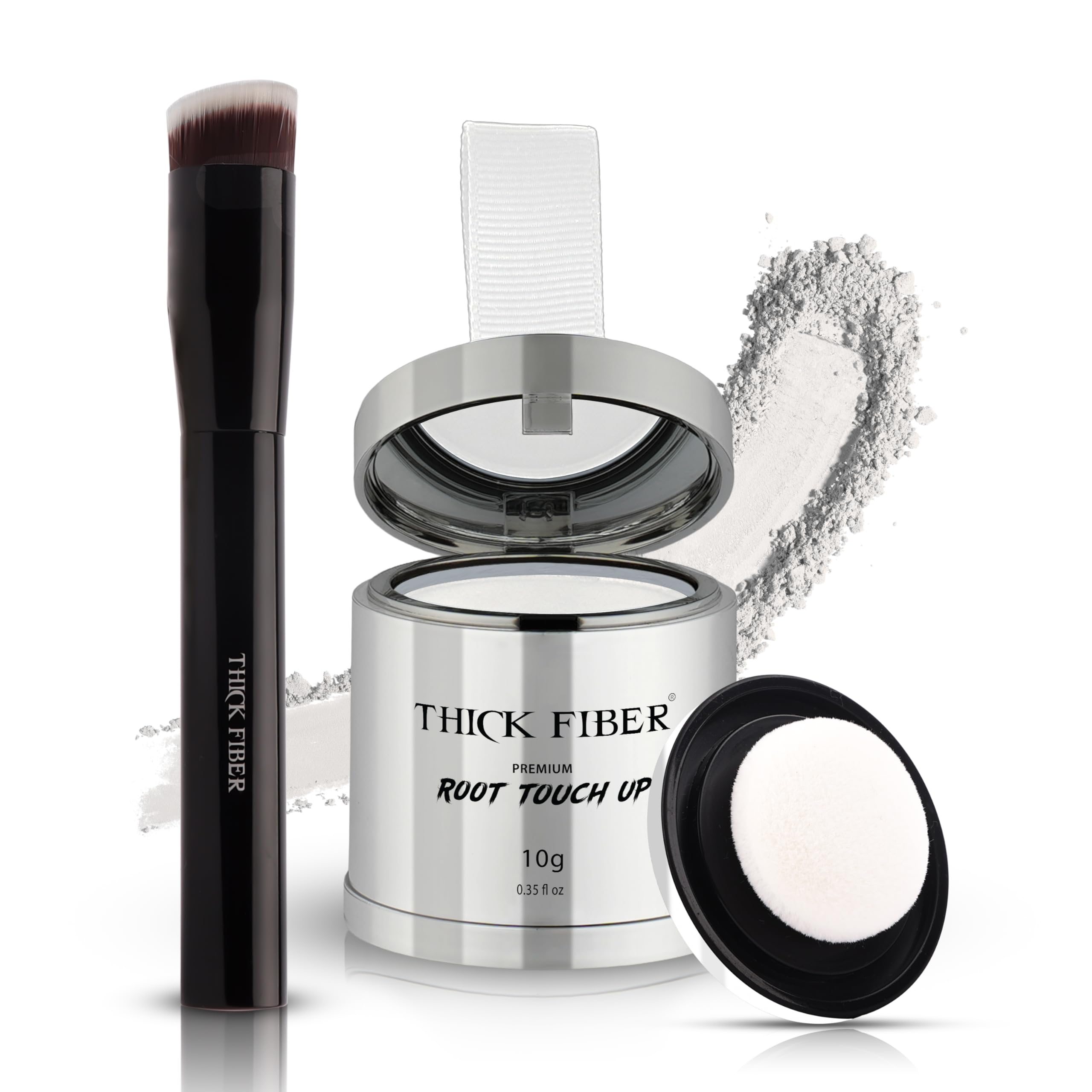 Thick Fiber root touch up powder with brush in white package provides natural coverage.