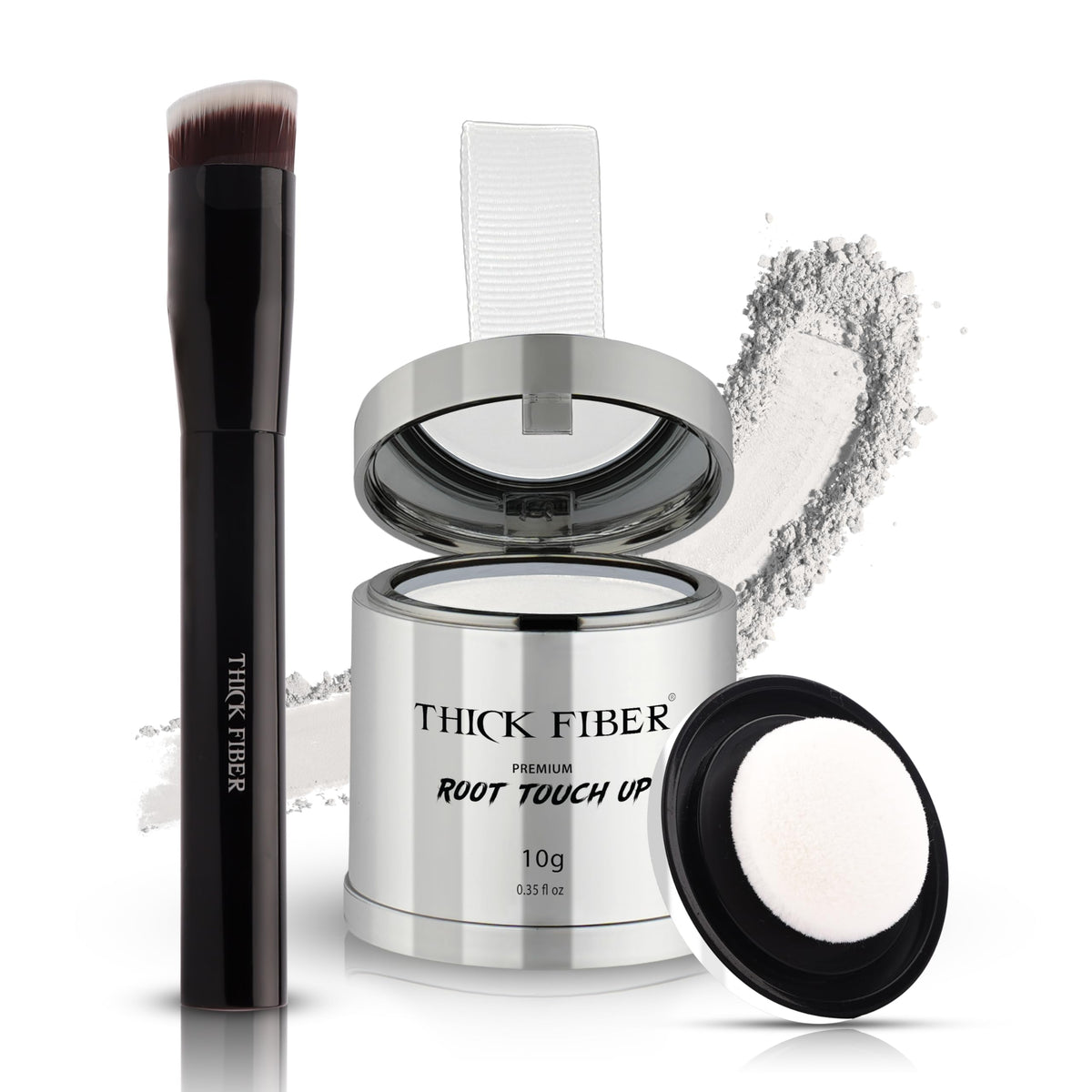 Thick Fiber root touch up powder with brush in white package provides natural coverage.