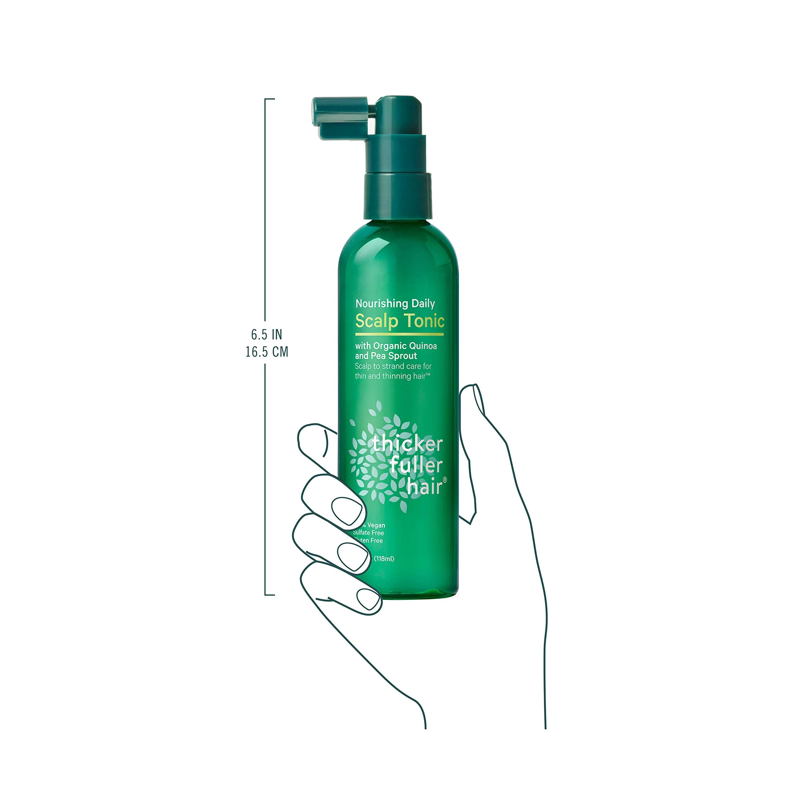 Thicker Fuller Hair tonic glass bottle closeup shows easy-to-use design