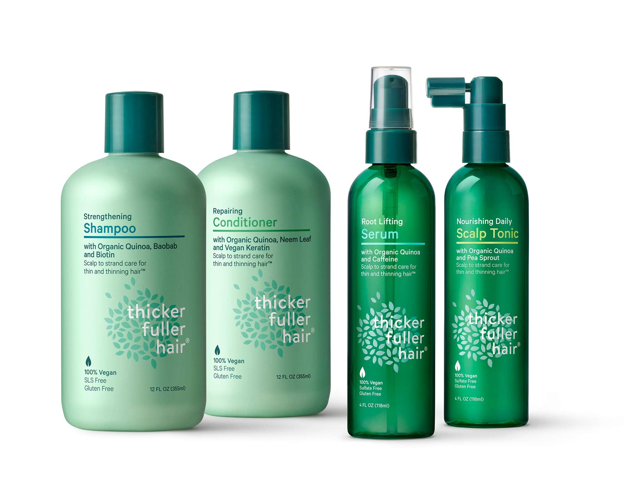 Thicker Fuller Hair tonic alongside shampoo suggests a complete daily ritual