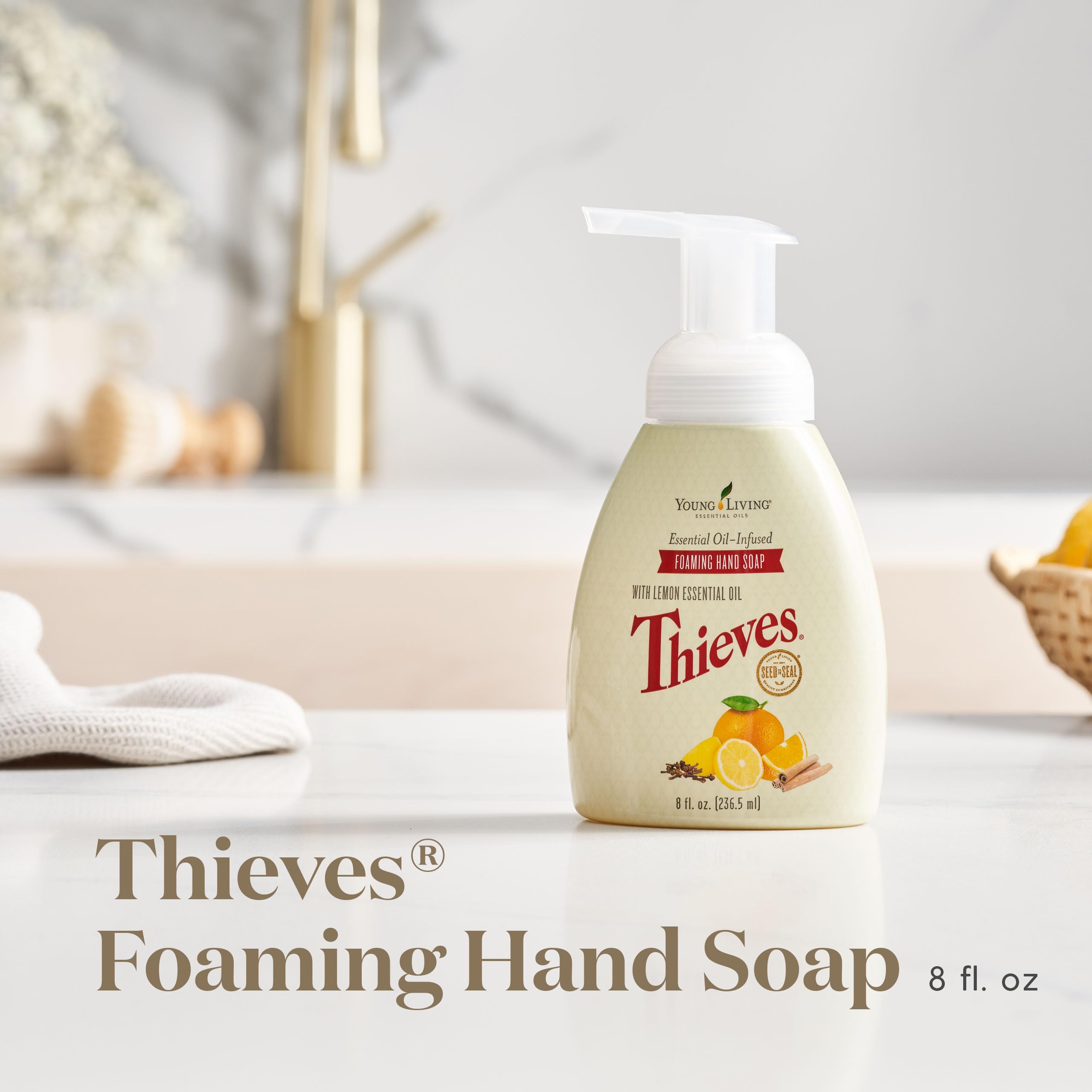 Thieves foaming hand soap pump in action delivering quick lather and rinse