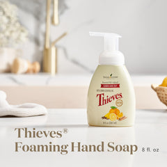 Thieves foaming hand soap pump in action delivering quick lather and rinse