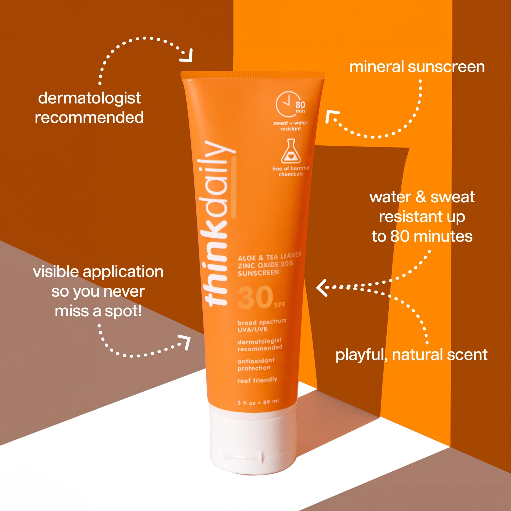 Thinkdaily SPF30 mineral sunscreen applied on body for smooth, non-greasy feel