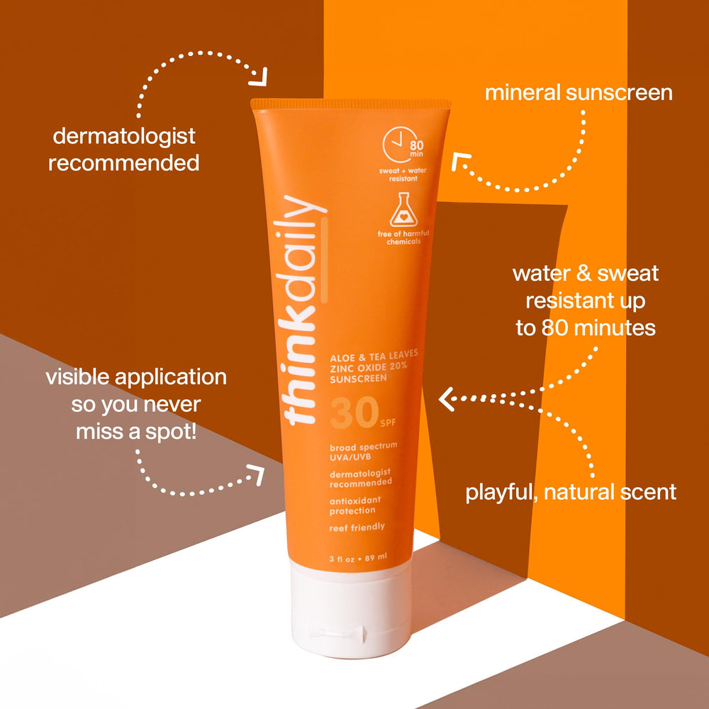Thinkdaily SPF30 mineral sunscreen applied on body for smooth, non-greasy feel