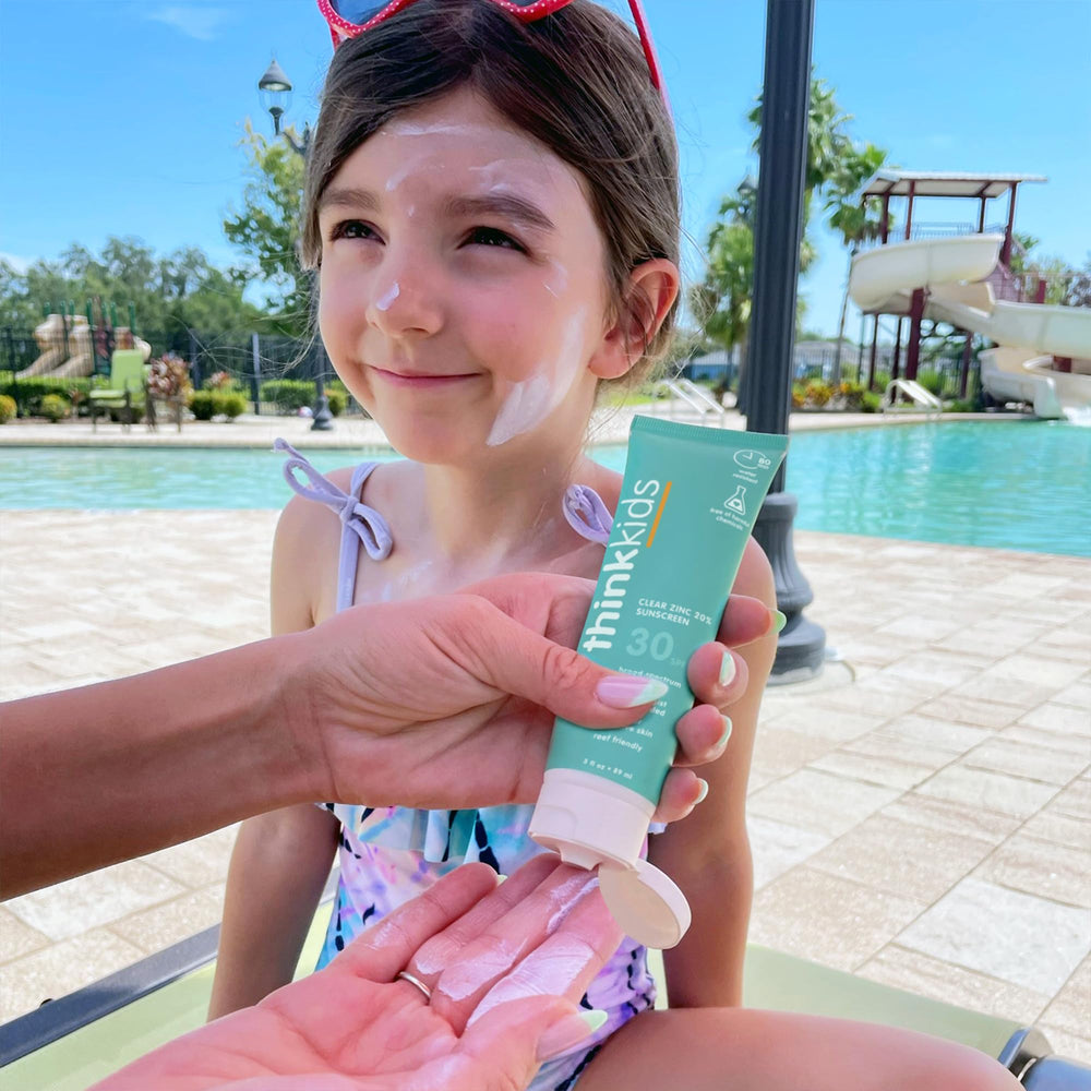 Thinkkids SPF 30 mineral sunscreen label reef-safe text emphasizes clean formula for sensitive skin