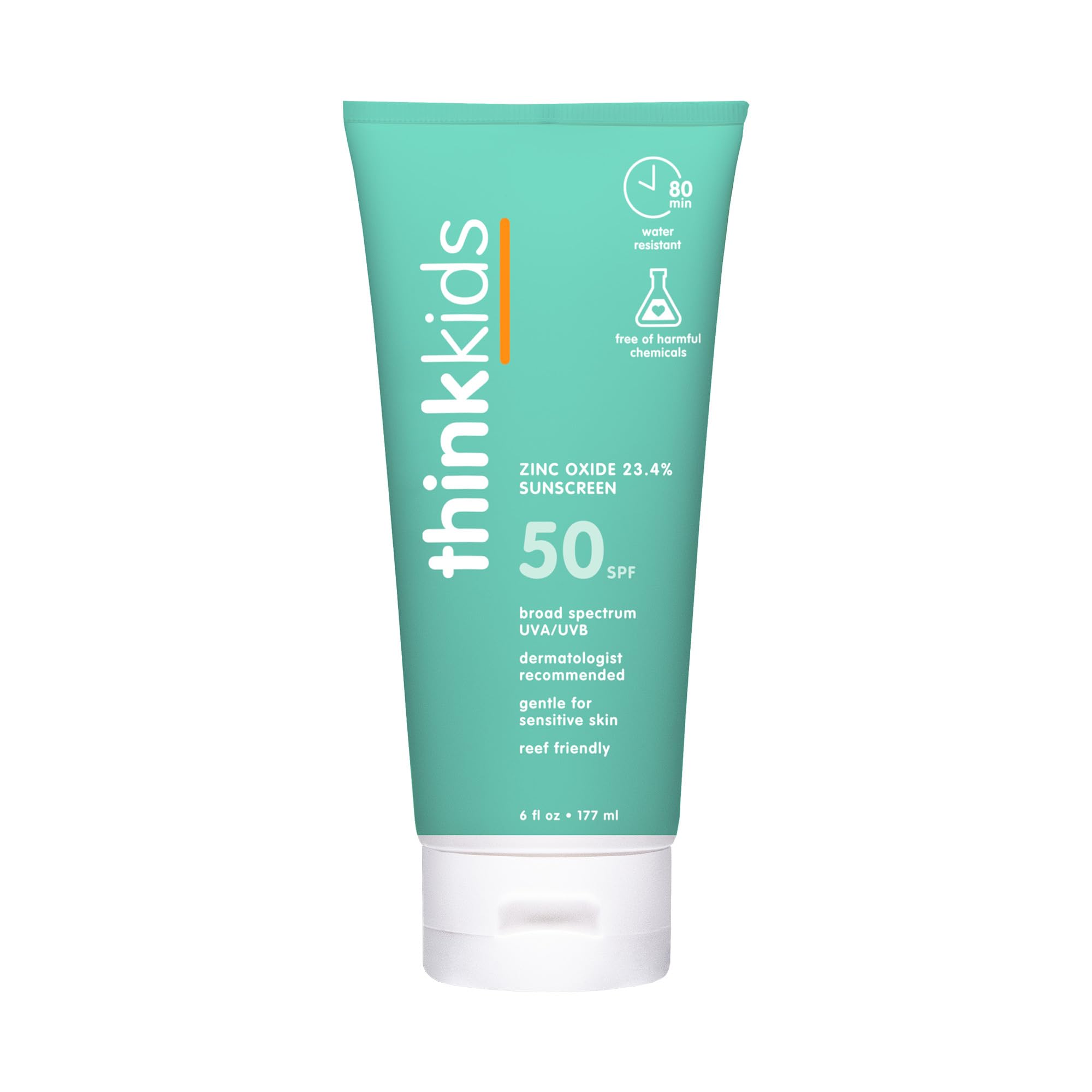 Thinkkids sunscreen bottle front shows SPF 50+ protection for kids outdoors