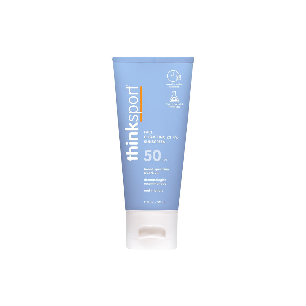 Thinksport face sunscreen bottle with clear zinc oxide for everyday UVA/UVB protection during outdoor outings