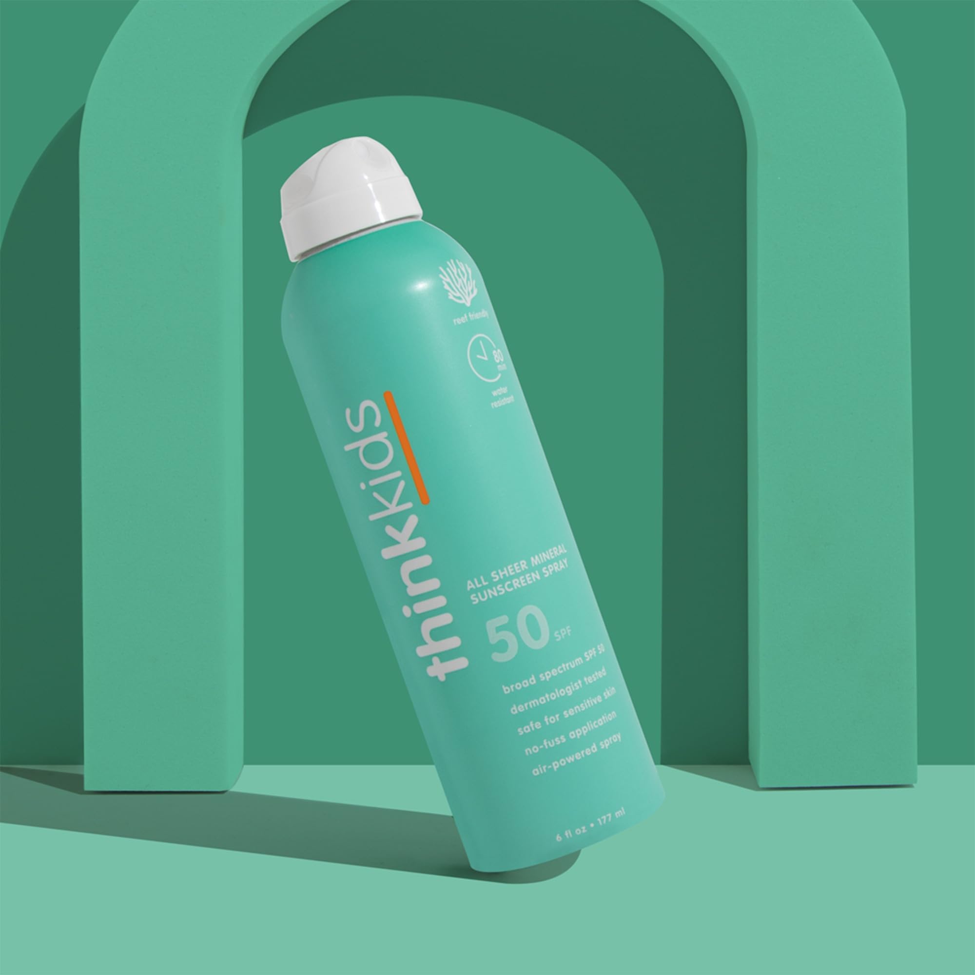 Thinksport Kids Sunscreen Spray SPF 50 label highlights broad spectrum UVA/UVB