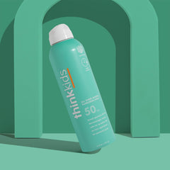 Thinksport Kids Sunscreen Spray SPF 50 label highlights broad spectrum UVA/UVB