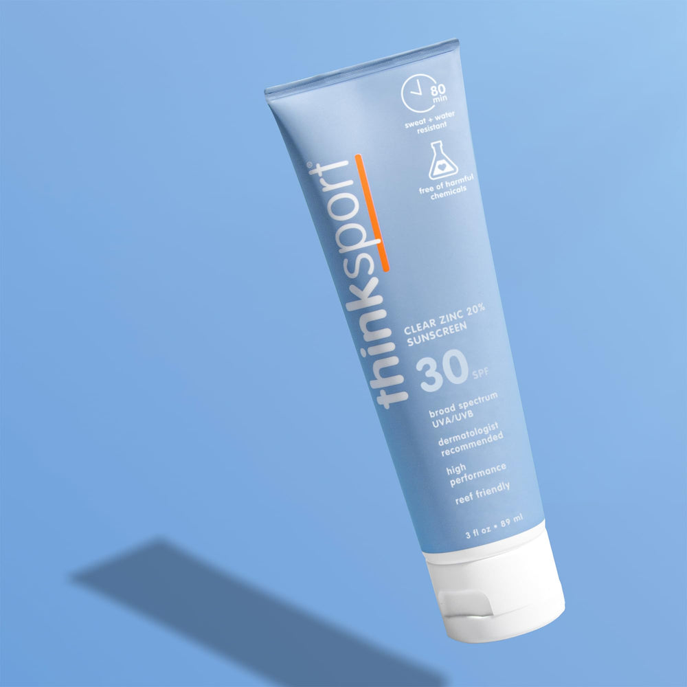 Thinksport mineral sunscreen application shows smooth, quick-apply formula for active days