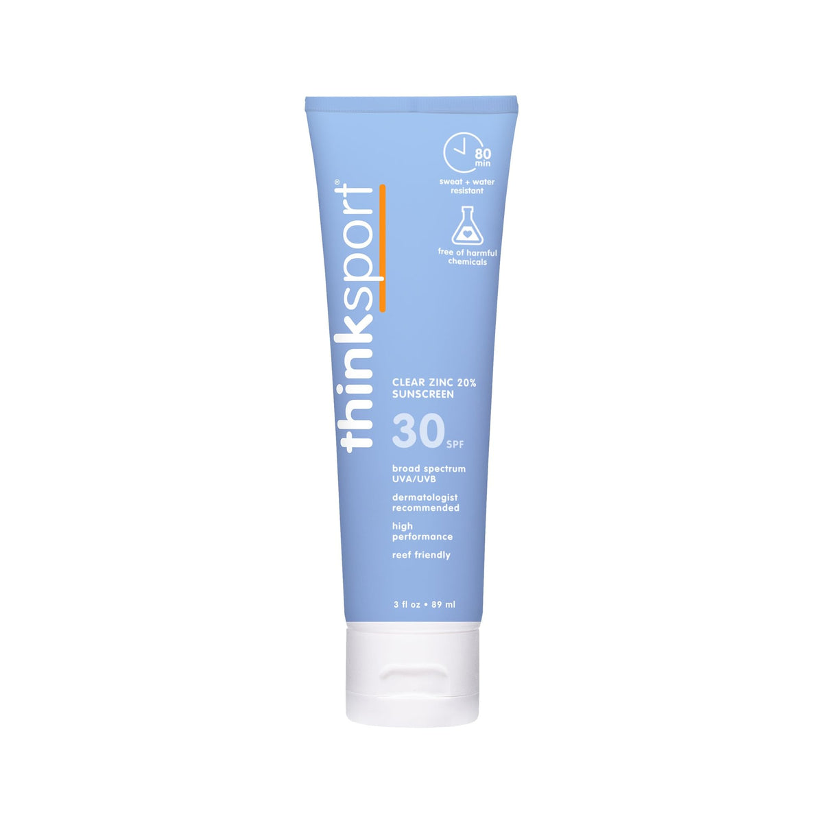 Thinksport SPF30 clear zinc oxide bottle provides easy mineral sun protection on the go