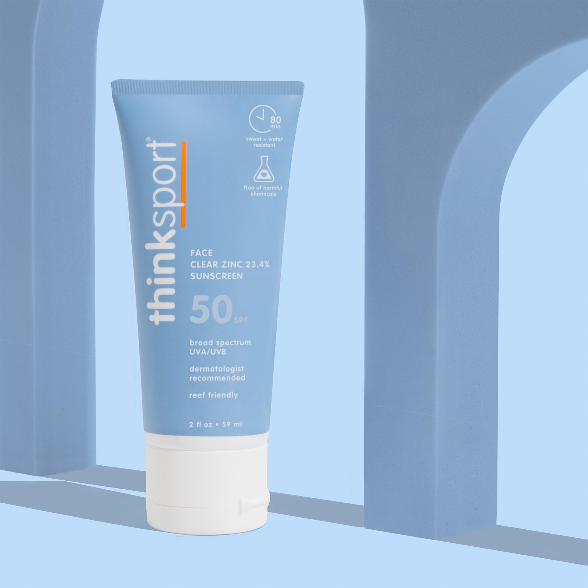 Thinksport water-resistance label shown on skin-safe mineral sunscreen during pool day