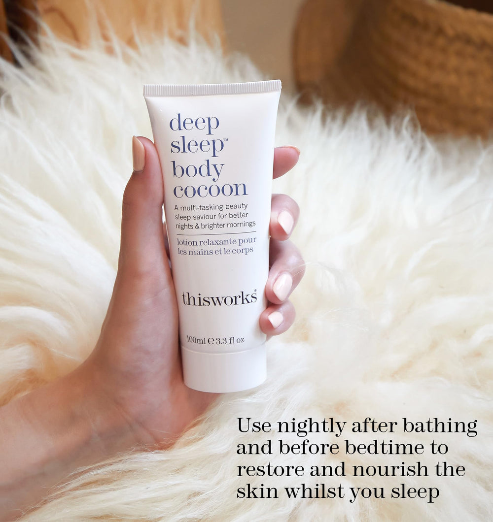 Bedside scene with Deep Sleep Body Cocoon promoting a nighttime wind-down ritual.