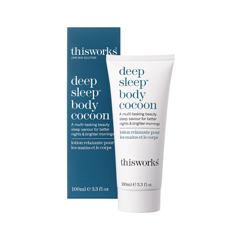 THISWORKS Deep Sleep Body Cocoon bottle on nightstand for bedtime relaxation.