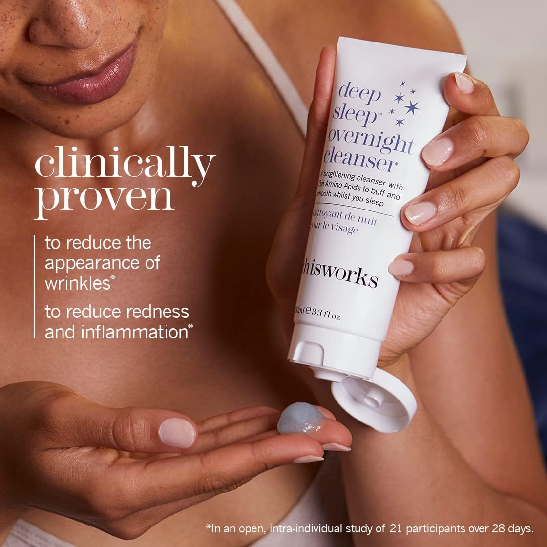 THISWORKS Deep Sleep Overnight Cleanser on nightstand – pre-bed cleanse ritual.