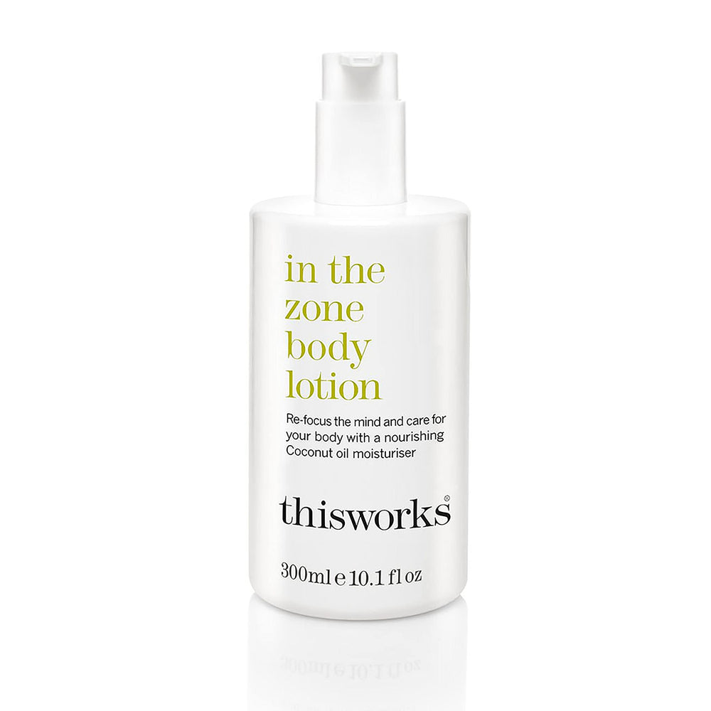 THISWORKS In The Zone bottle on shelf for daily hydrating body care and mood boost.